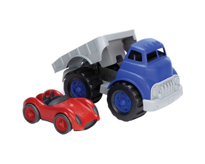 Green toy Flatbed Truck & Race Car